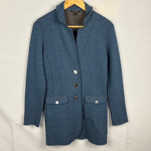 Eileen Fisher Merino Wool Knit Blazer Jacket Sz PS Soft Cozy Blue Green Comfort - Picture 1 of 11